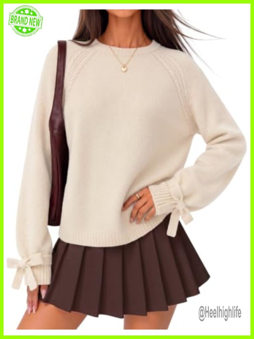 Cable Knit Bow Cuff Pullover Sweater Crew Neck Loose Fit